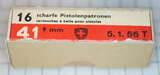GER: Pistolenpatrone 41 (9mm Pist Pat 41), 16 Schuss Schachtel, Jahrgang 5.1.1956