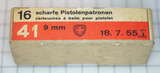 GER: Pistolenpatrone 41 (9mm Pist Pat 41), 16 Schuss Schachtel, Jahrgang 18.7.1955