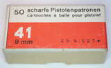 GER: Pistolenpatrone 41 (9mm Pist Pat 41), Jahrgang 25. April 1952, Packung à 50 Schuss