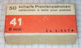 GER: Pistolenpatrone 41 (9mm Pist Pat 41), 50 Schuss Schachtel, Jahrgang 24.3.1950