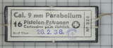 GER: Pistolenpatrone 41 (9mm Pist Pat 41), 16 Schuss Schachtel, Jahrgang 28.2.1938, noch bezeichnet mit der Nummer 328