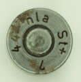 GER: Deutsche Pistolenpatrone 08, Jahrgang 1944, Losnummer 4
Hersteller Metallwarenfabrik Treuenbrietzen GmbH, Sebaldushof (= hla)
Stahlmantel (= St.) mit verstärktem Boden (+)
