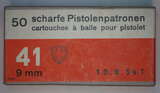 GER: Pistolenpatrone 41 (9mm Pist Pat 41), 50 Schuss Schachtel, Jahrgang 10.9.1954