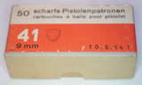 GER: Pistolenpatrone 41 (9mm Pist Pat 41), Jahrgang 10. Mai 1954, Packung à 50 Schuss