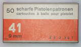GER: Pistolenpatrone 41 (9mm Pist Pat 41), Jahrgang 23. März 1954, Packung à 50 Schuss