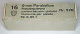 GER: Pistolenpatrone 41 (9mm Pist Pat 41), Packung à 16 Schuss, Jahrgang 10. Februar 1958