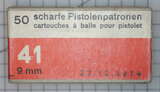 GER: Pistolenpatrone 41 (9mm Pist Pat 41), 50 Schuss Schachtel, Jahrgang 22.12.1948