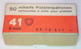 GER: Pistolenpatrone 41 (9mm Pist Pat 41), Jahrgang 22. Dezember 1954, Packung à 50 Schuss