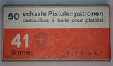 GER: Pistolenpatrone 41 (9mm Pist Pat 41), 50 Schuss Schachtel, Jahrgang 6.10.1954