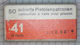 GER: Pistolenpatrone 41 (9mm Pist Pat 41), 50 Schuss Schachtel, Jahrgang 2.10.1952, enthält Patronen mit Jahrgang Juni 1952.