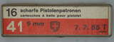GER: Pistolenpatrone 41 (9mm Pist Pat 41), 16 Schuss Schachtel, Jahrgang 7.7.1955