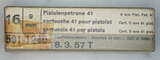 GER: Pistolenpatrone 41 (9mm Pist Pat 41), Taschenmunition, Packung à 16 Schuss, Jahrgang 8. März 1957