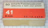 GER: Pistolenpatrone 41 (9mm Pist Pat 41), 50 Schuss Schachtel, Jahrgang 22.12.1948