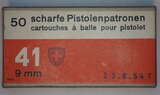 GER: Pistolenpatrone 41 (9mm Pist Pat 41), 50 Schuss Schachtel, Jahrgang 23.6.1954