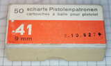 GER: Pistolenpatrone 41 (9mm Pist Pat 41), 50 Schuss Schachtel, Jahrgang 2.10.1952, enthält Patronen mit Jahrgang Juni 1952.
